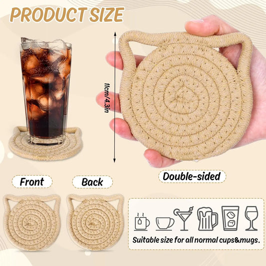 Cat Ear Coasters Set Brown White Handmade Braided Cotton Coasters Non-Slip Absorbent Drink Coaster No Holder
