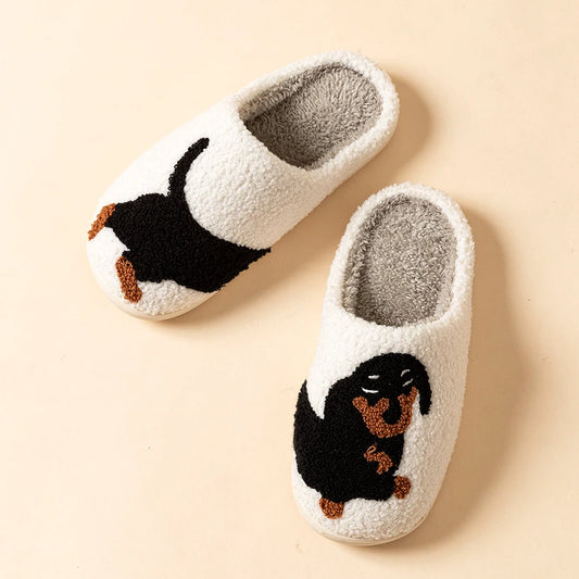 Interesting Women's Slippers Black Dog Pattern Cute Cartoon Winter Indoor Warm Comfy Home Soft Sole Causal Plush Bedroom Shoes