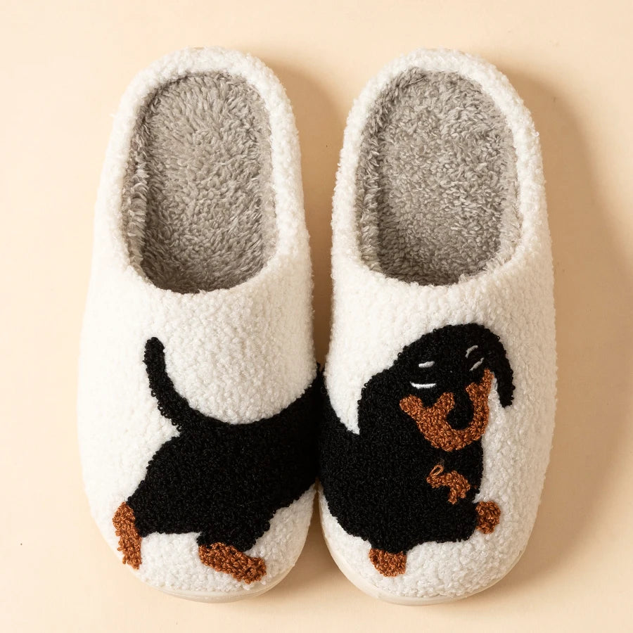 Pantoufles Noires à Motif Chien pour Femme — Chaussons Doux en Peluche pour l'Intérieur