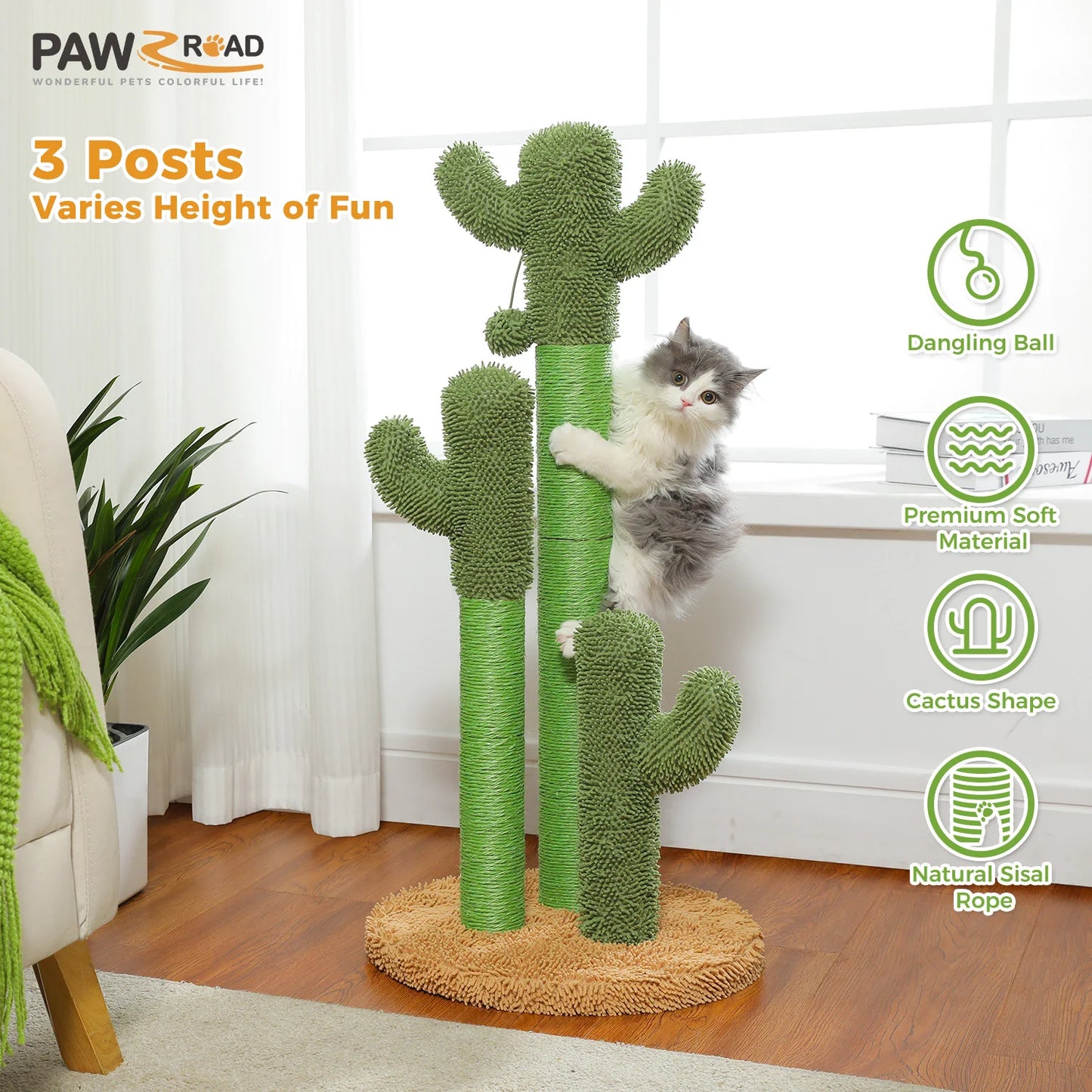 Arbre à chat cactus — Griffoir en sisal haut avec balle suspendue