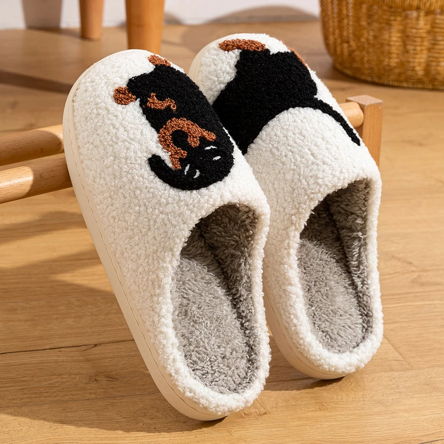 Pantoufles Noires à Motif Chien pour Femme — Chaussons Doux en Peluche pour l'Intérieur