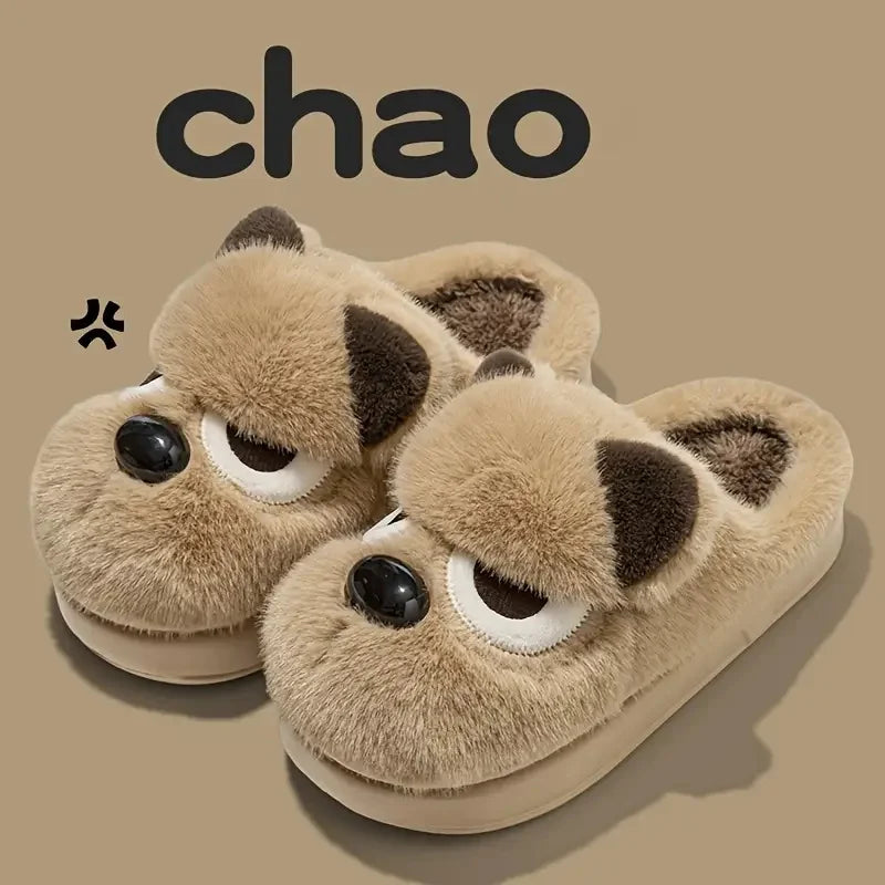 Chaussons douillets pour femmes motif chien en peluche — Chaussons d'intérieur doux et antidérapants