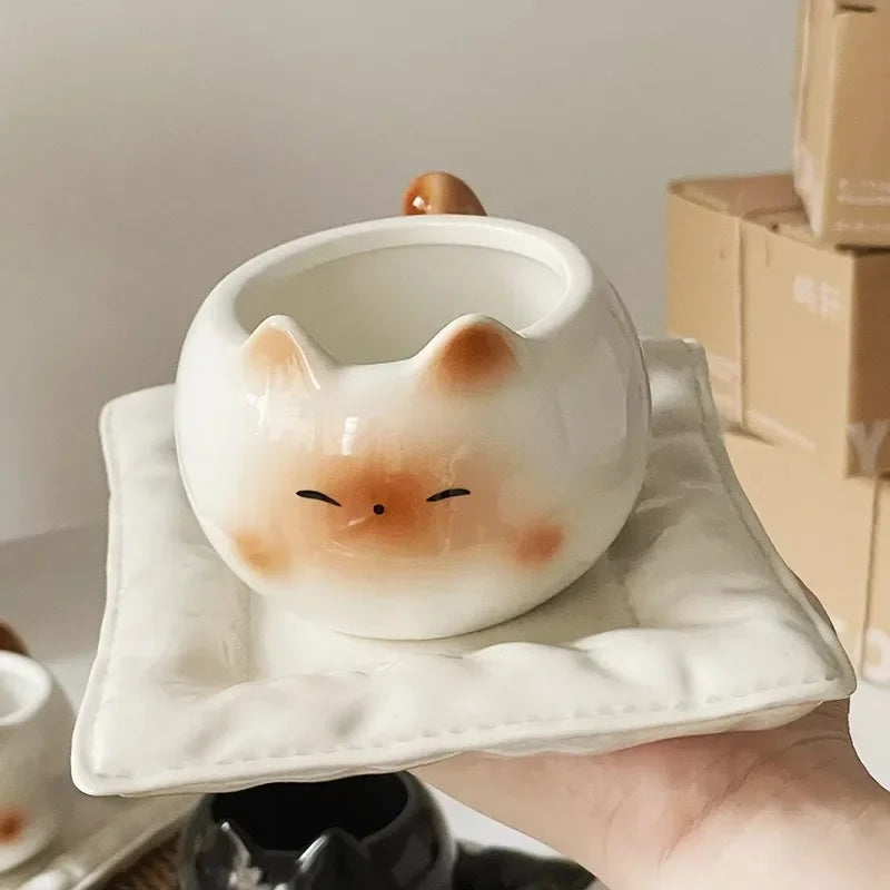 Tasse en céramique Chat Siamois — Tasse à café de dessin animé sous glaçure avec plateau