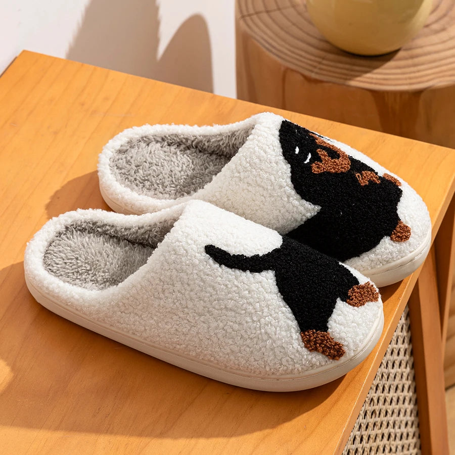 Pantoufles Noires à Motif Chien pour Femme — Chaussons Doux en Peluche pour l'Intérieur