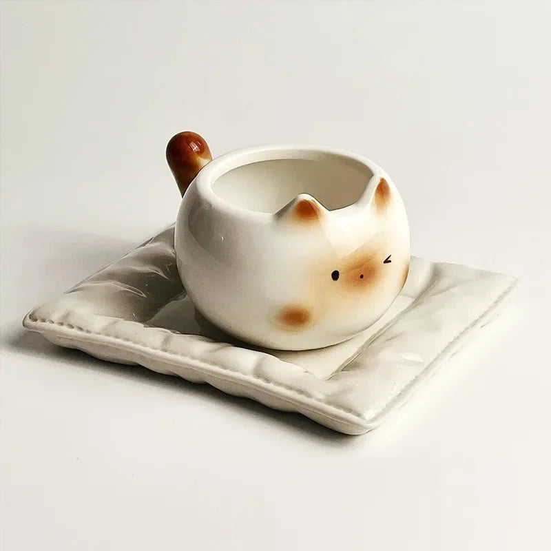 Tasse en céramique Chat Siamois — Tasse à café de dessin animé sous glaçure avec plateau