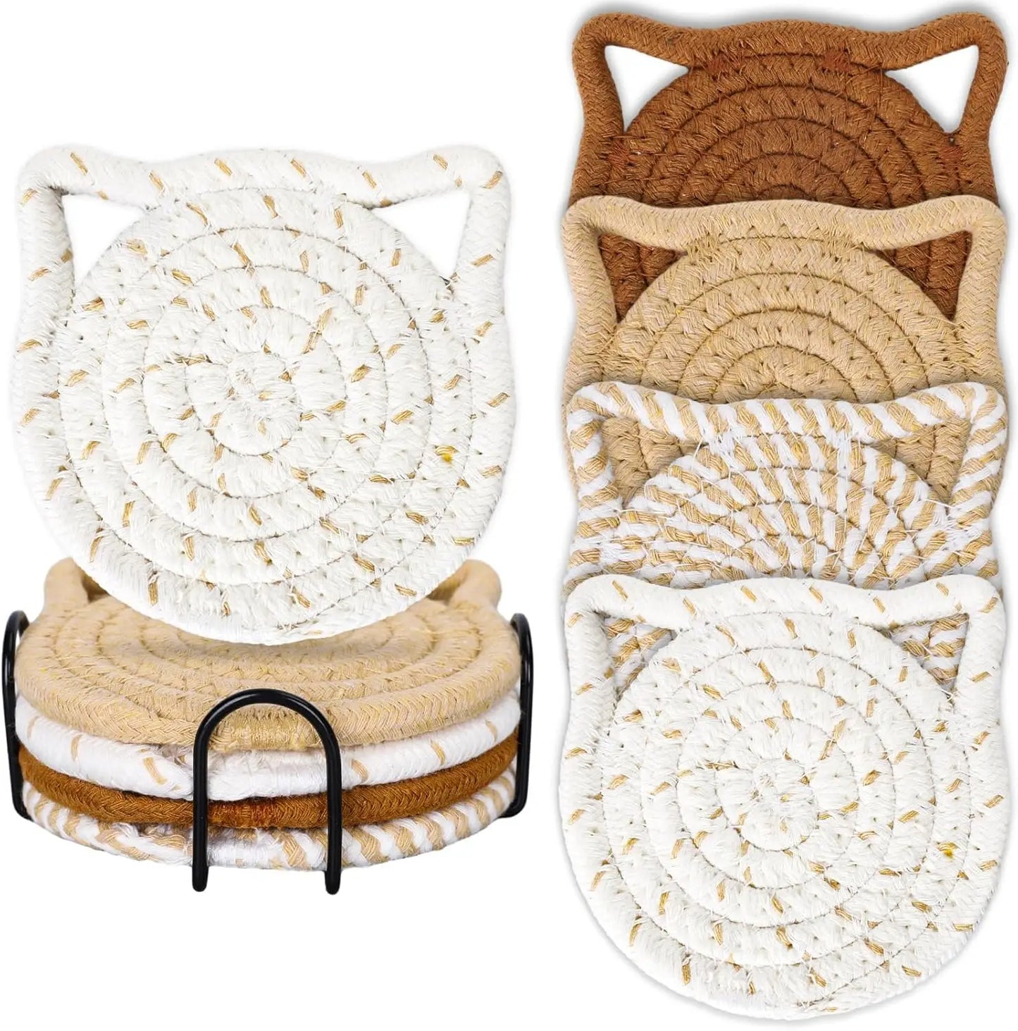 Sous-verres Oreilles de Chat – Ensemble de sous-verres en coton tressé faits à la main (lot de 4)