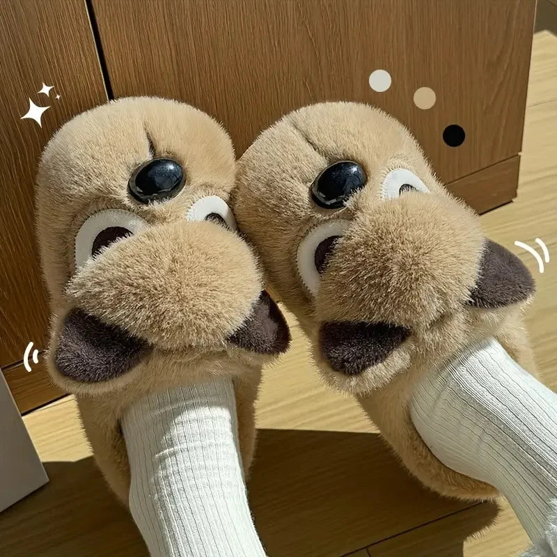 Chaussons douillets pour femmes motif chien en peluche — Chaussons d'intérieur doux et antidérapants