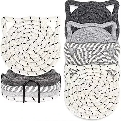 Sous-verres Oreilles de Chat – Ensemble de sous-verres en coton tressé faits à la main (lot de 4)