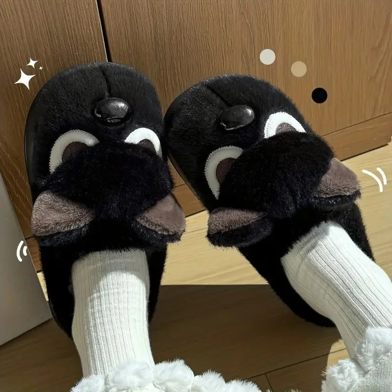 Chaussons douillets pour femmes motif chien en peluche — Chaussons d'intérieur doux et antidérapants