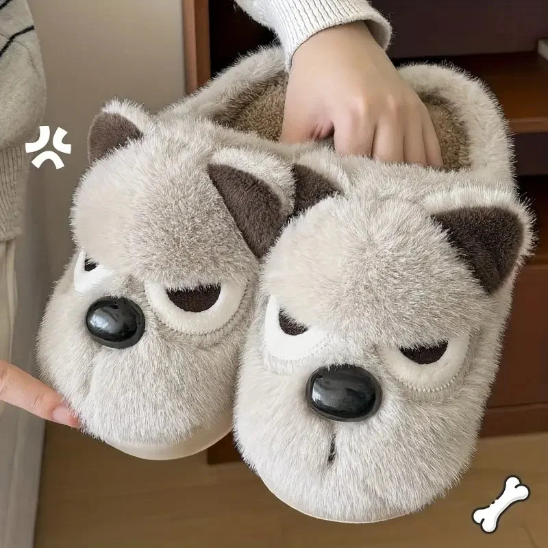 Chaussons douillets pour femmes motif chien en peluche — Chaussons d'intérieur doux et antidérapants