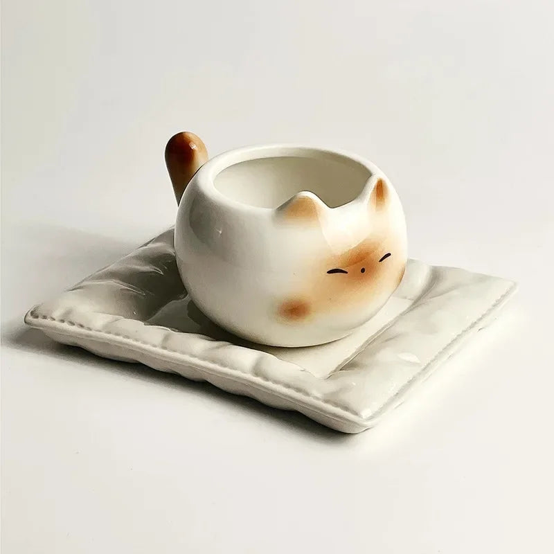 Tasse en céramique Chat Siamois — Tasse à café de dessin animé sous glaçure avec plateau