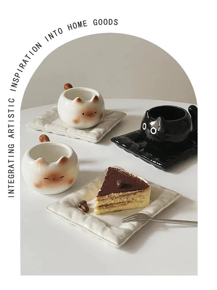 Tasse en céramique Chat Siamois — Tasse à café de dessin animé sous glaçure avec plateau