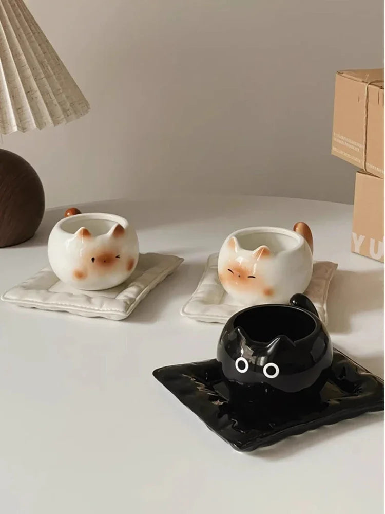Tasse en céramique Chat Siamois — Tasse à café de dessin animé sous glaçure avec plateau