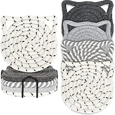 Sous-verres Oreilles de Chat – Ensemble de sous-verres en coton tressé faits à la main (lot de 4)