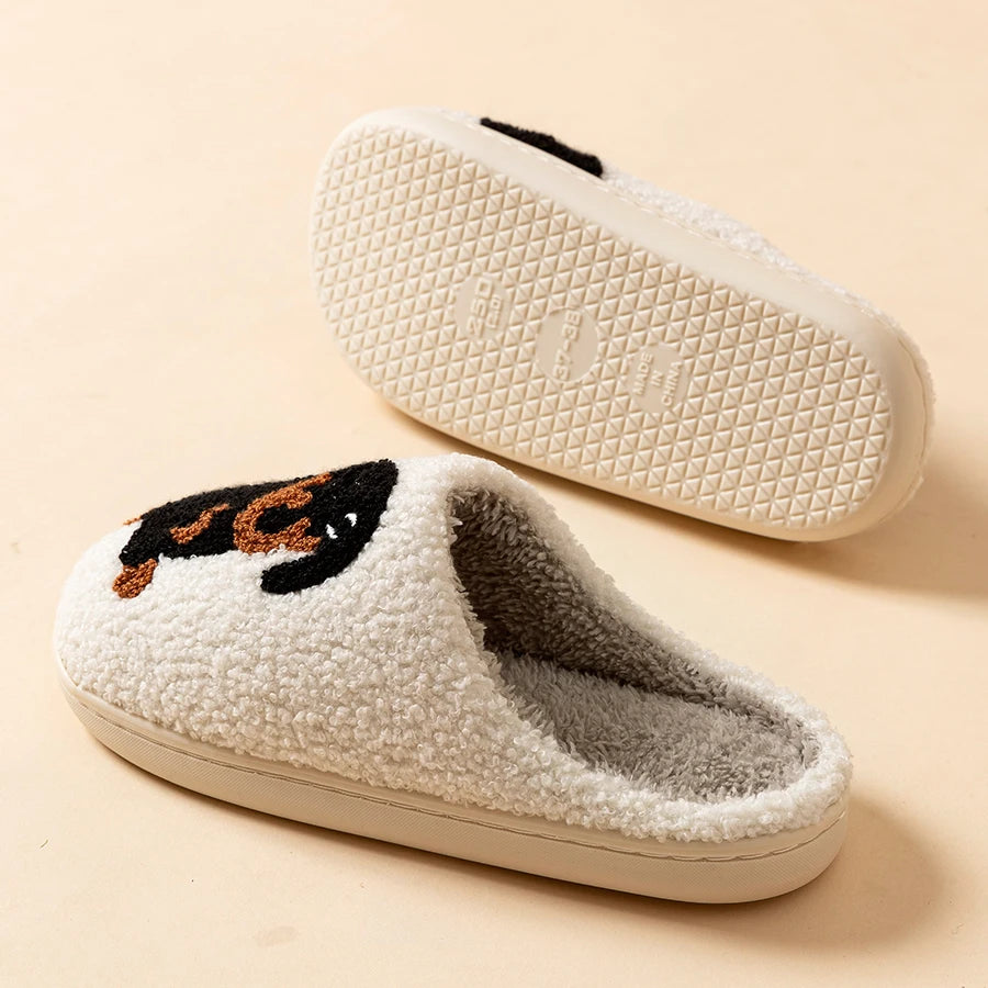Pantoufles Noires à Motif Chien pour Femme — Chaussons Doux en Peluche pour l'Intérieur