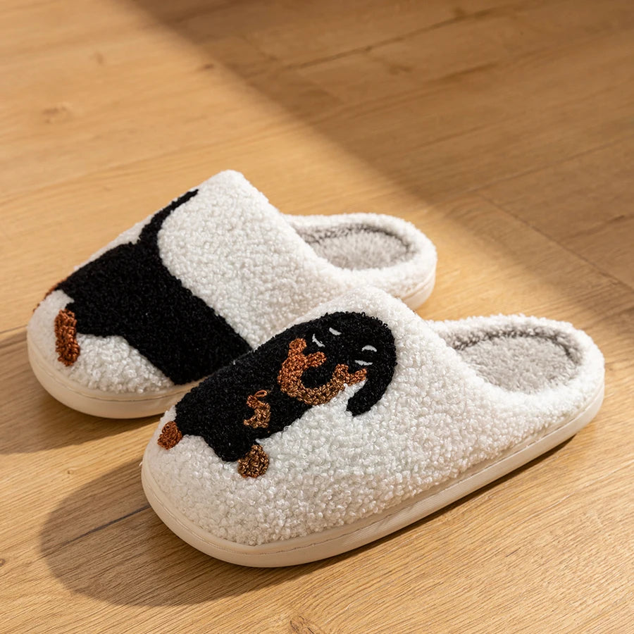 Pantoufles Noires à Motif Chien pour Femme — Chaussons Doux en Peluche pour l'Intérieur