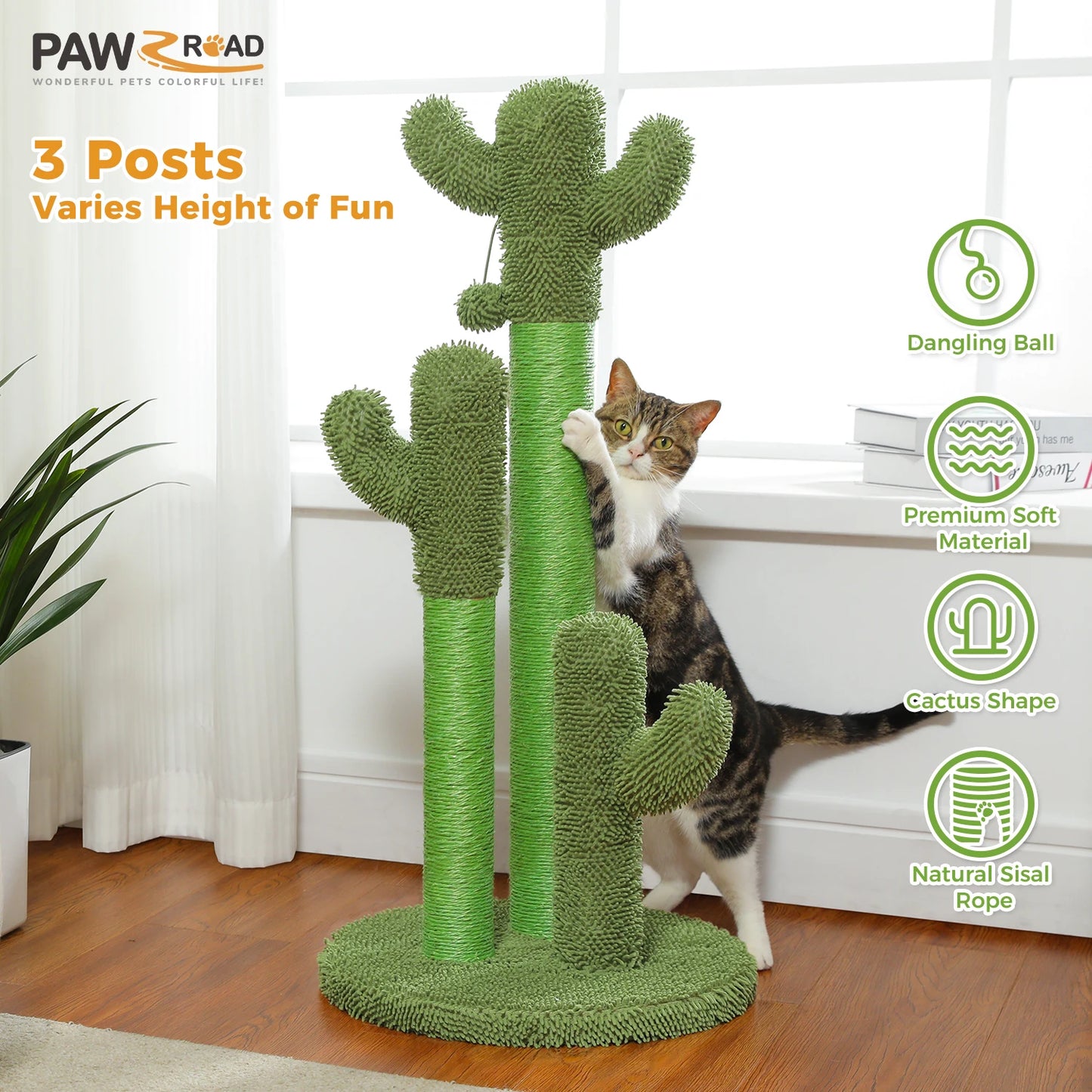 Arbre à chat cactus — Griffoir en sisal haut avec balle suspendue