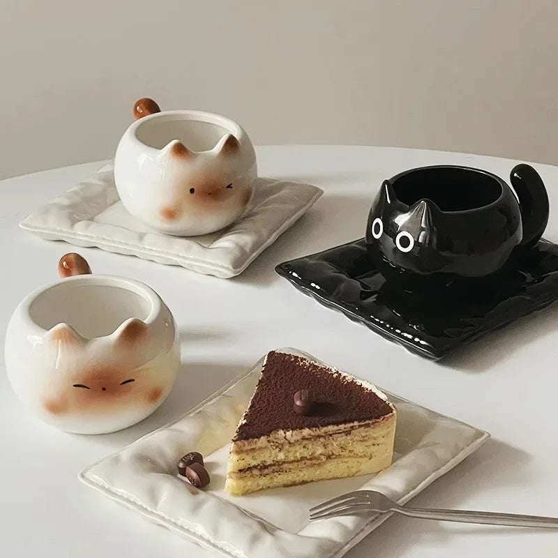 Tasse en céramique Chat Siamois — Tasse à café de dessin animé sous glaçure avec plateau