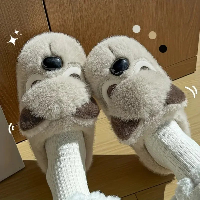 Chaussons douillets pour femmes motif chien en peluche — Chaussons d'intérieur doux et antidérapants