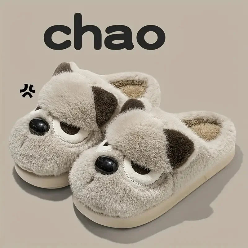 Chaussons douillets pour femmes motif chien en peluche — Chaussons d'intérieur doux et antidérapants