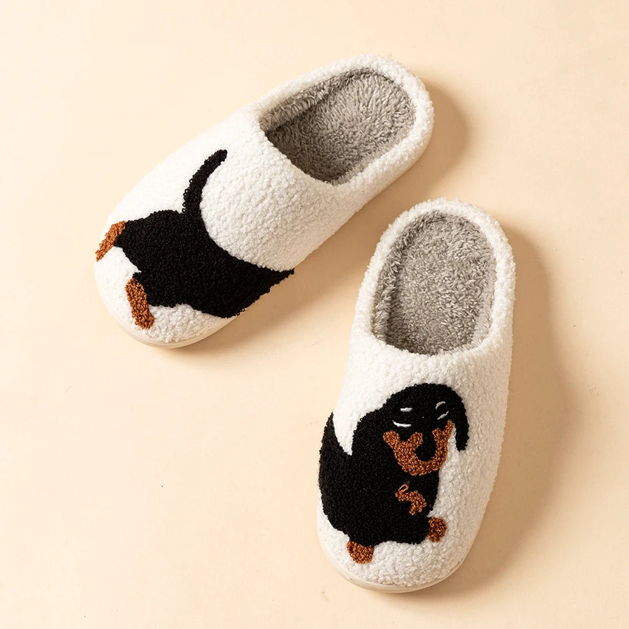 Pantoufles Noires à Motif Chien pour Femme — Chaussons Doux en Peluche pour l'Intérieur